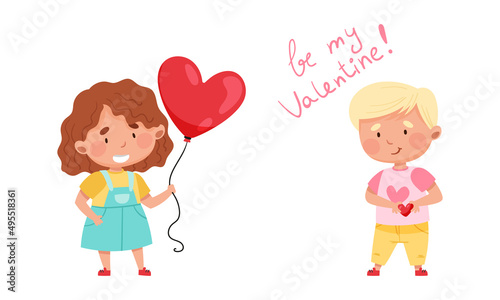 Be my Valentine. Adorable cute boy and girl with red hearts cartoon vector illustration