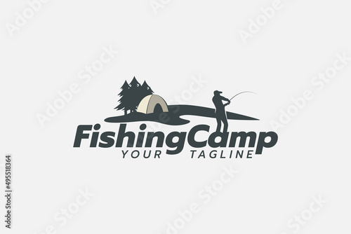 fishing camp logo with a combination of lake or river water views, tent, and angler.