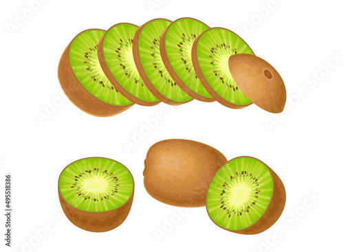 Fresh ripe kiwi set. Whole, half and slices of sweet organic fruit vector illustration