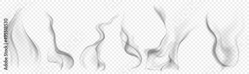 Set of several realistic transparent gray smokes or steam, for use on light background. Transparency only in vector format