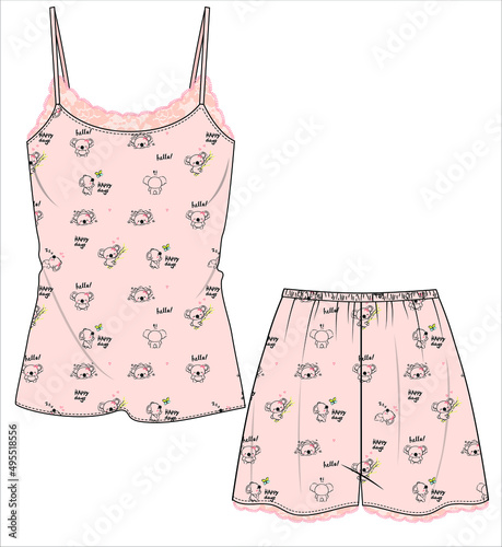 WOMEN TEE AND SHORTS IN KOALA SEAMLES PRINT NIGHTWEAR SET IN EDITABLE VECTOR FILE