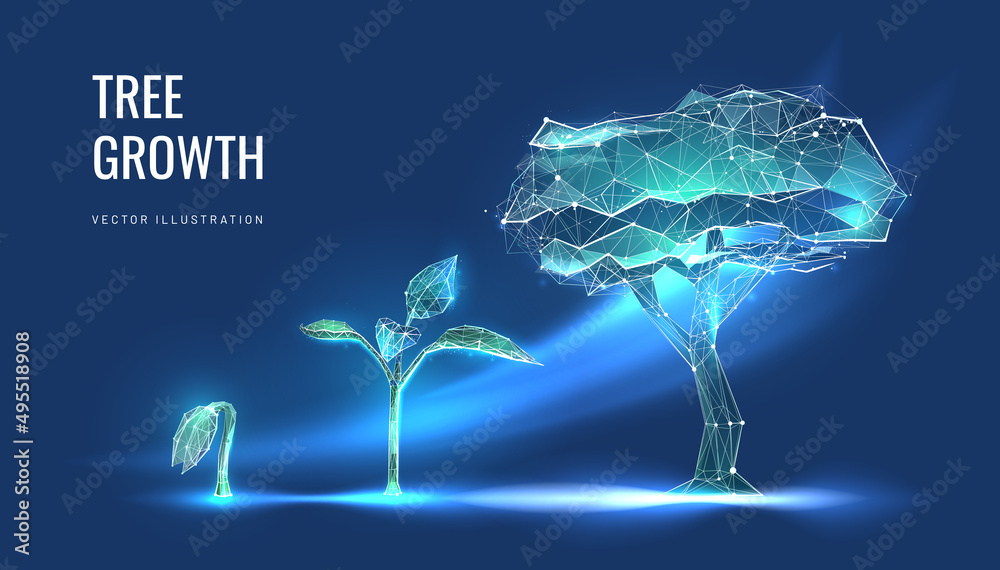 Digital evolution or seedling growth in futuristic polygonal style. The concept of business and income growth and startup transformation. Vector illustration - obrazy, fototapety, plakaty 