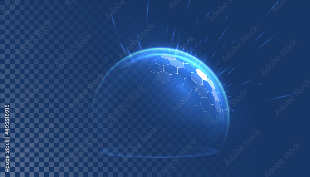 Protection shield effect im futuristic light style. Bubble shield in an abstract glowing style. Element or template for text isolated on a blue background. Vector illustration on a blue background.
