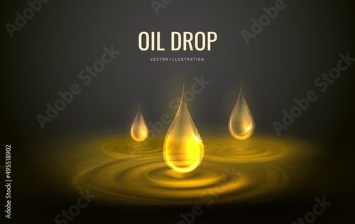 Energy drop of car oil, ripple light effect. Futuristic vector illustration for beautician banner. Drops of liquid cosmetic care product