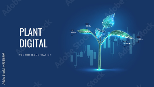 Growth of investment is represented in the seedling against the background of the chart. Startup financial projections vector illustration in futuristic polygonal style