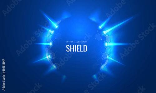 Burst light, effect bubble circle shield in futuristic style vector illustration on a blue background. Dome geometric in the form of an energy shield in an abstract glowing style. Template concept