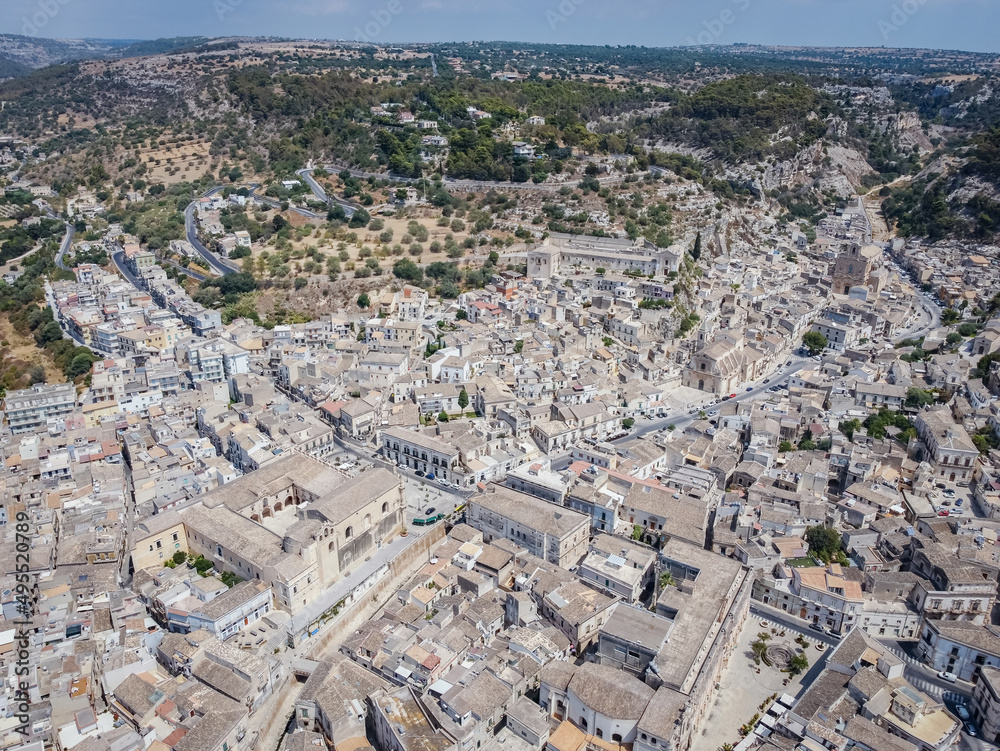 Aerial drone shot of the baroque town of Scicli, Province of Ragusa, south east Sicily.