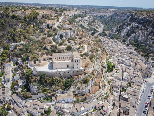Aerial drone shot of the baroque town of Scicli, Province of Ragusa, south east Sicily. photo