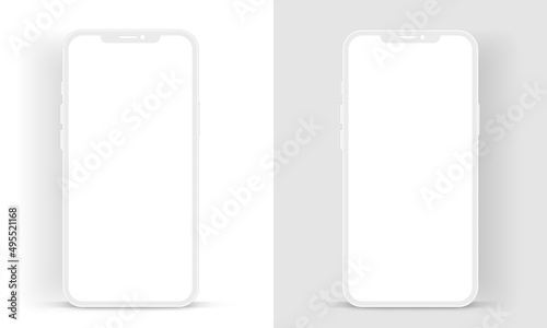 Material flat smartphone with white blank screen. Smartphone mockup. Device front view. 3D white mobile phone with shadow. Stock vector. Minimalist modern clay mockup for presentation ui ux.