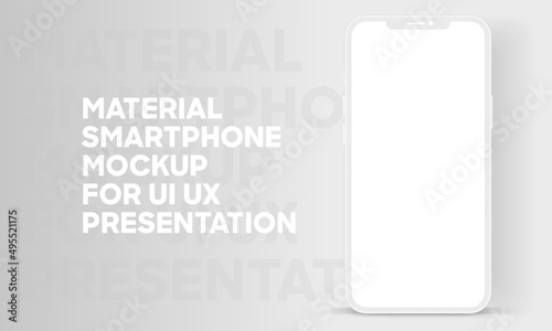 Material flat smartphone with white blank screen. Smartphone mockup. Device front view. 3D white mobile phone with shadow. Stock vector. Minimalist modern clay mockup for presentation ui ux.