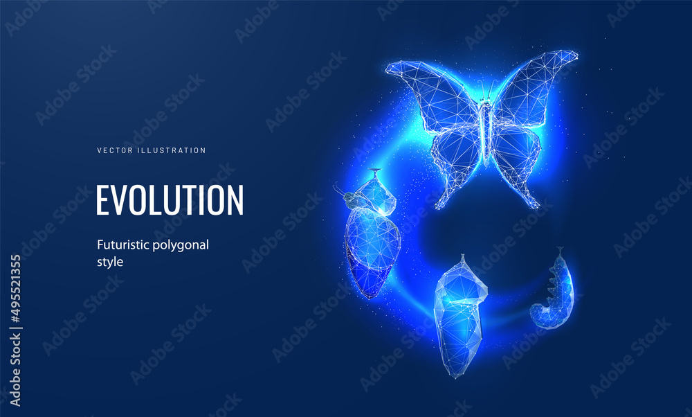 Evolution of a butterfly in a digital futuristic style. Insect life cycle, transformation from
