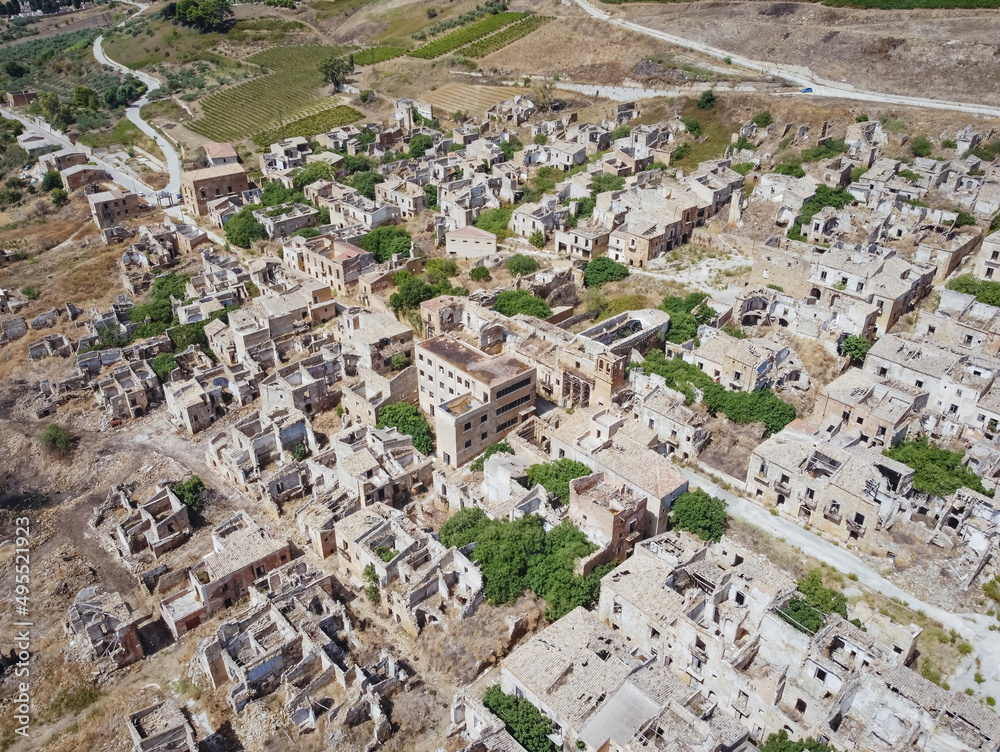Aerial drone view of Ruins of Poggioreale in the Belice valley, province of Trapani, destroyed by 1968 earthquake. Abandoned eerie ghost town, Sicily.