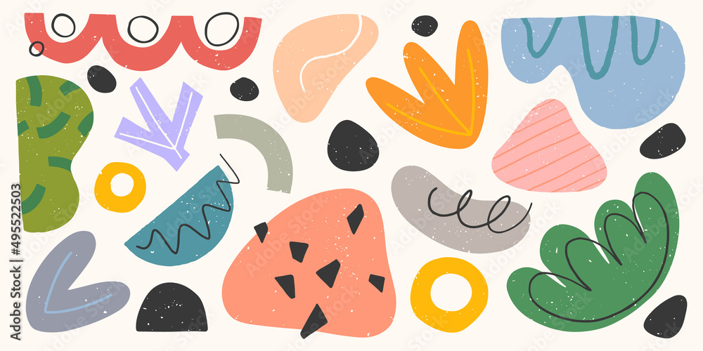 Bundle of vector colorful hand drawn various organic shapes,doodles,elements and textures.Trendy contemporary design perfect for prints,flyers,banners,fabriс,branding design,covers and more.