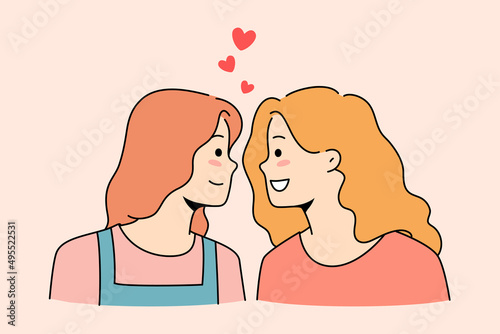 Happy girls look in eyes share love and emotions in romantic relationships. Smiling young lesbian women couple romance. LGBT and homosexual relations concept. Vector illustration. 