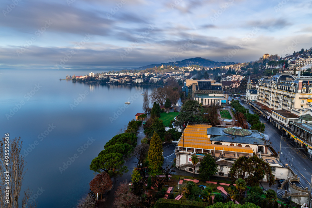 City of Montreux, Switzerland by the lake Leman during beautiful sunset