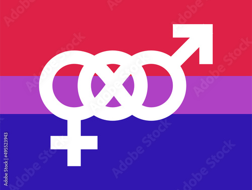 Bisexual pride  flag with red, violet and blue stripes. Gender symbol with infinity sign. Vector illustration