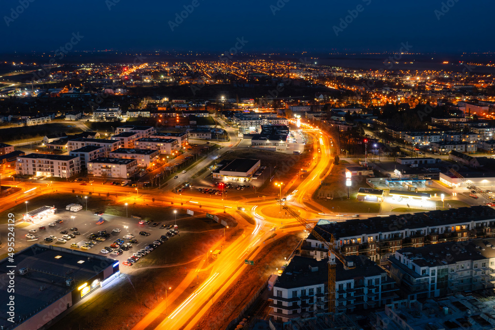 Aerial scenery of residential area in Pruszcz Gdanski at night, Poland