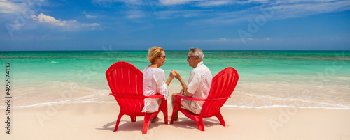 Panoramic healthy senior couple holding hands on vacation