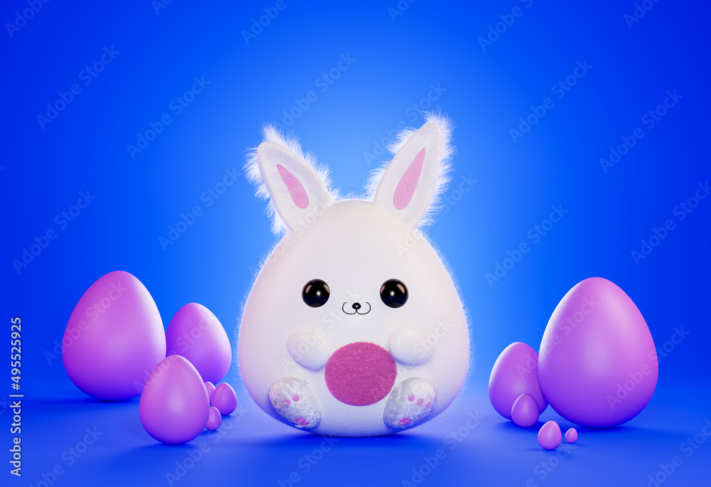 Easter bunny and eggs. Cartoon fat rabbit, 3d render. Easter Egg Hunt Banner. Easter bunny and eggs. Cartoon fat rabbit, 3d render. Easter Egg Hunt Banner.
