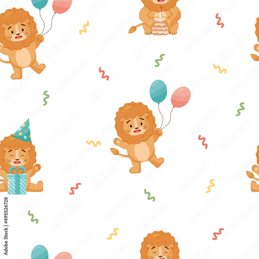 Baby Lion's Birthday Party, Seamless Pattern, Repeating, Balloons, Birthday Cake, Kids Illustration Baby Lion's Birthday Party, Seamless Pattern, Repeating, Balloons, Birthday Cake, Kids Illustration