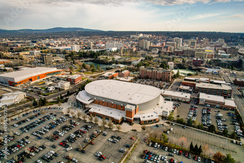 Cityscape Skyline of Spokane, WA with Spokane Arena in foreground photo