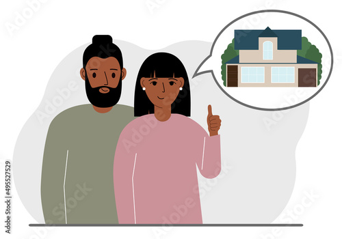 Happy couple or young family hugging and thinking about buying a dream home. Dreamy metaphor.