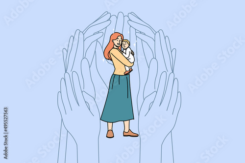 Huge hands help protect young single mother holding baby infant. Society aid and assistance for mom with small kid. Support and protection for mum, motherhood concept. Vector illustration. 