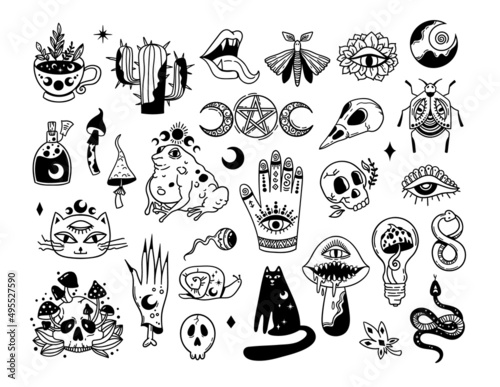 Mystical trippy isolated cliparts bundle  goblincore aesthetics  mystical toad  black cat  creepy mushroom  hand  skull - esoteric witchy stuff  black and white