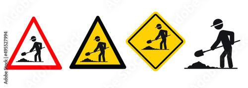 Road work sign. Work in progress icon or pictogram. Roadworks, stickman, stick figure man. Traffic, triangle signboard. Vector icon or pictogram. Work underway or road construction. photo