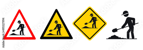 Road work sign. Work in progress icon or pictogram. Roadworks, stickman, stick figure man. Traffic, triangle signboard. Vector icon or pictogram. Work underway or road construction.