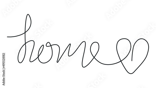 Love Home inscription. Continuous lettering on white isolated background. Text hand drawn in single line. Single line inscription. Minimalistic vector illustration.