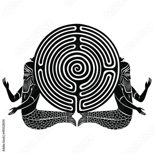 Round spiral maze or labyrinth symbol supported by two Mesopotamian mermen. Creative concept. Mystery of ancient knowledge and culture. Black and white silhouette.