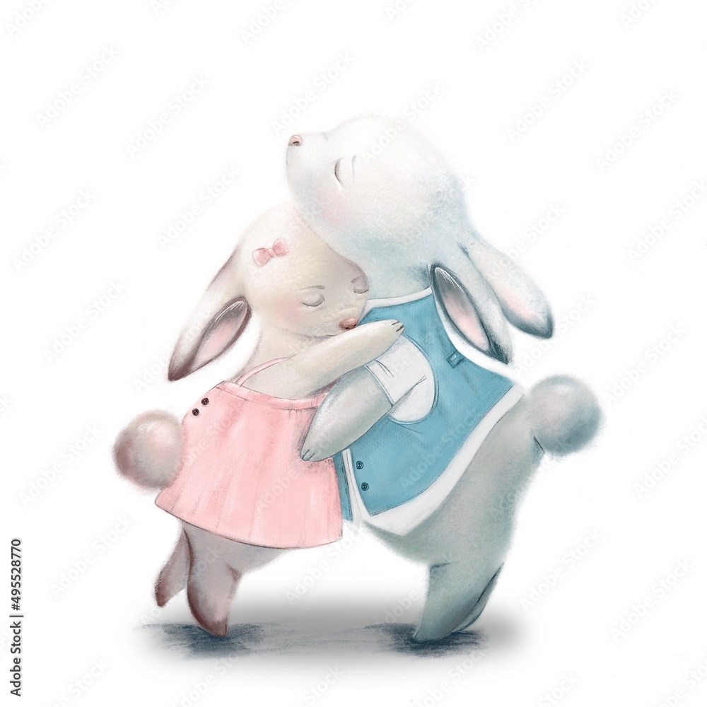 Fototapeta premium Illustration with cute cuddling rabbits, kind animals, cute animals, bunnies and rabbits, hugs, children's illustration for the nursery, postcard template, posters.