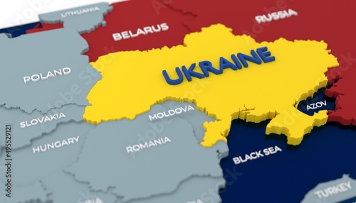 Stylich 3D Map of Ukraine and neighboring countries with agressive countries market with red