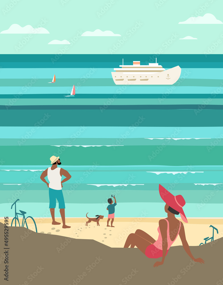Family recreation on sand beach vector poster. Family seaside outdoor leisure relax. Ocean scene view landscape background. Holiday vacation summer season sea travel leisure, tourist trip illustration