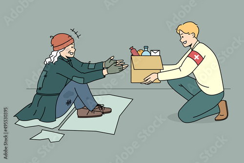 Caring male volunteer give box with food to unhappy poor person outdoors. Kind man activist share products and supplies with homeless needy people on streets. Charity concept. Vector illustration. 