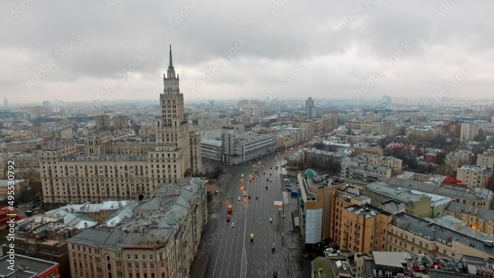 Central Highway of Moscow. Garden ring, Sadovoye Koltso in Moscow in cloudy weather. Empty Moscow. Aerial view Central Highway of Moscow. Garden ring, Sadovoye Koltso in Moscow in cloudy weather. Empty Moscow. Aerial view