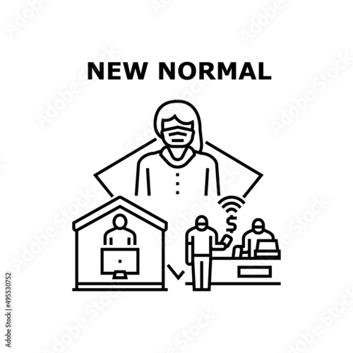 New Normal Protect Vector Icon Concept. Wearing Protective Facial Mask In Public Place, Contactless Payment In Store And Remote Working At Home New Normal Of Health Protection Black Illustration