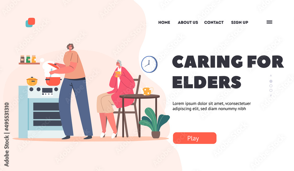 Caring for Elders Landing Page Template. Young Woman Cooking on Kitchen with Elderly Female Character Sitting at Table