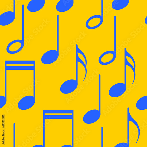Musical notes in blue and yellow. Seamless cute pattern for decorative pillows, paper, textiles, fabrics. Vector.