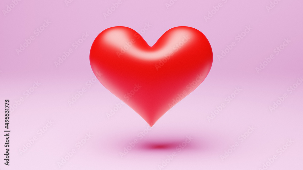 Red heart hovering over pink background in the middle of the image. 3d rendering