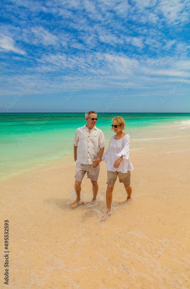 Happy seniors in casual clothing walking by ocean Happy seniors in casual clothing walking by ocean