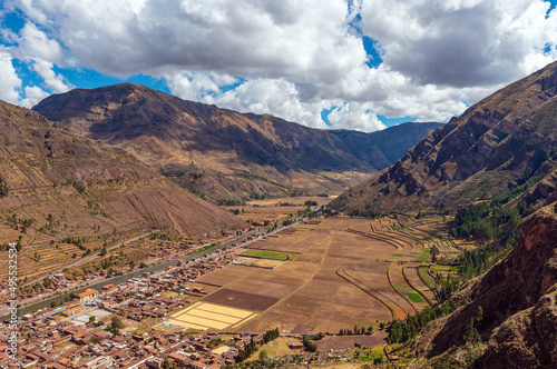 Andes mountains landscape in Sacred Valley of the Inca with Urubamba river and Pisac village, Cusco Province, Peru. photo