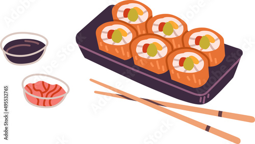 Sushi in takeaway container, chopsticks and sauces illustration