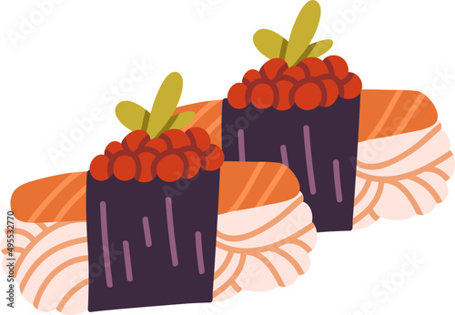 Japanese sushi with salmon slice and rice wrapped in nori illustration