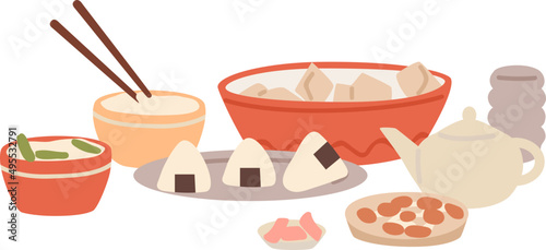 National Asian dishes from rice and vegetables illustration