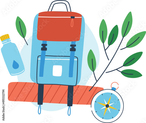 Backpack, bottle of water and compass illustration