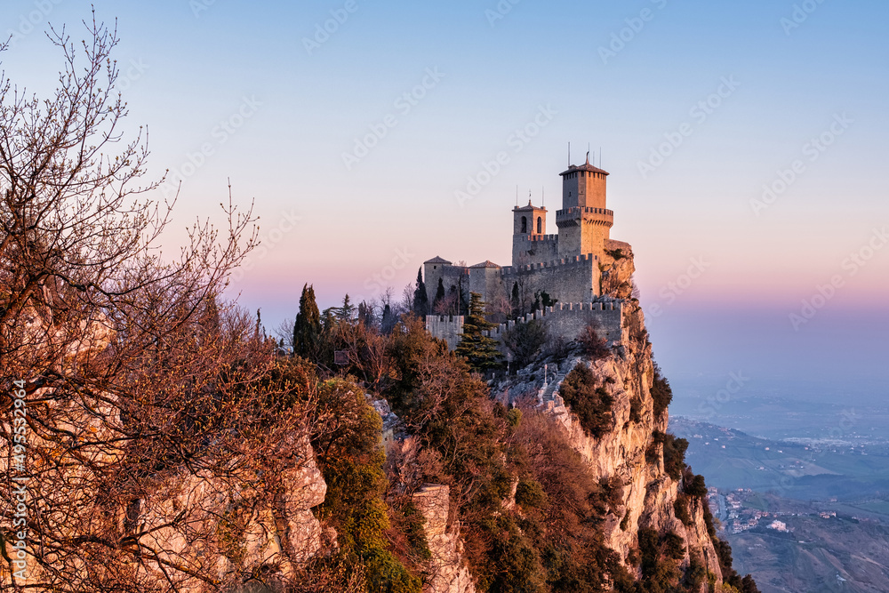 view of the second tower of San Marino castle on Mount Titano at top of the hill.