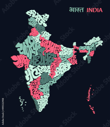 Indian map typography with multiple indian scripts in 3D. India map lettering all states name.