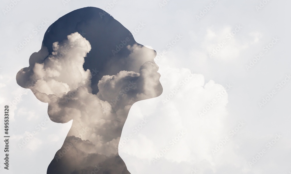 Multiple exposure clouds Woman mental health and weather dependent concept. - obrazy, fototapety, plakaty 